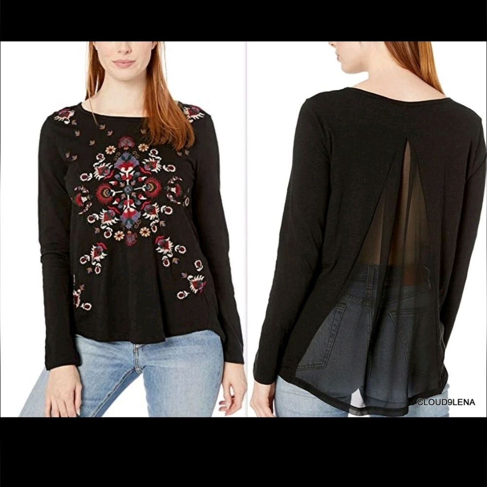 Lucky Brand Black Top with Colorful Embroidery Sheer Back Panel Knit Cotton Sz S